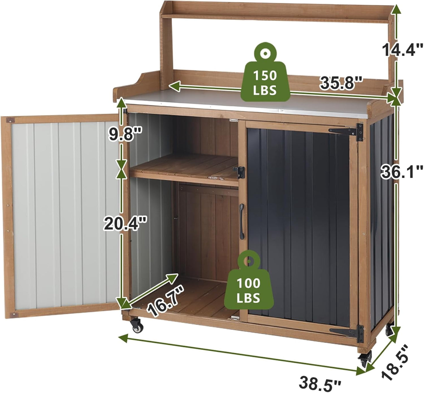 Petsblublu Outdoor Potting Bench Storage Cabinet, Garden Table with Metal Top&Shelf for Backyard