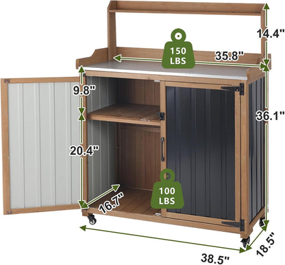 Petsblublu Outdoor Potting Bench Storage Cabinet, Garden Table with Metal Top&Shelf for Backyard
