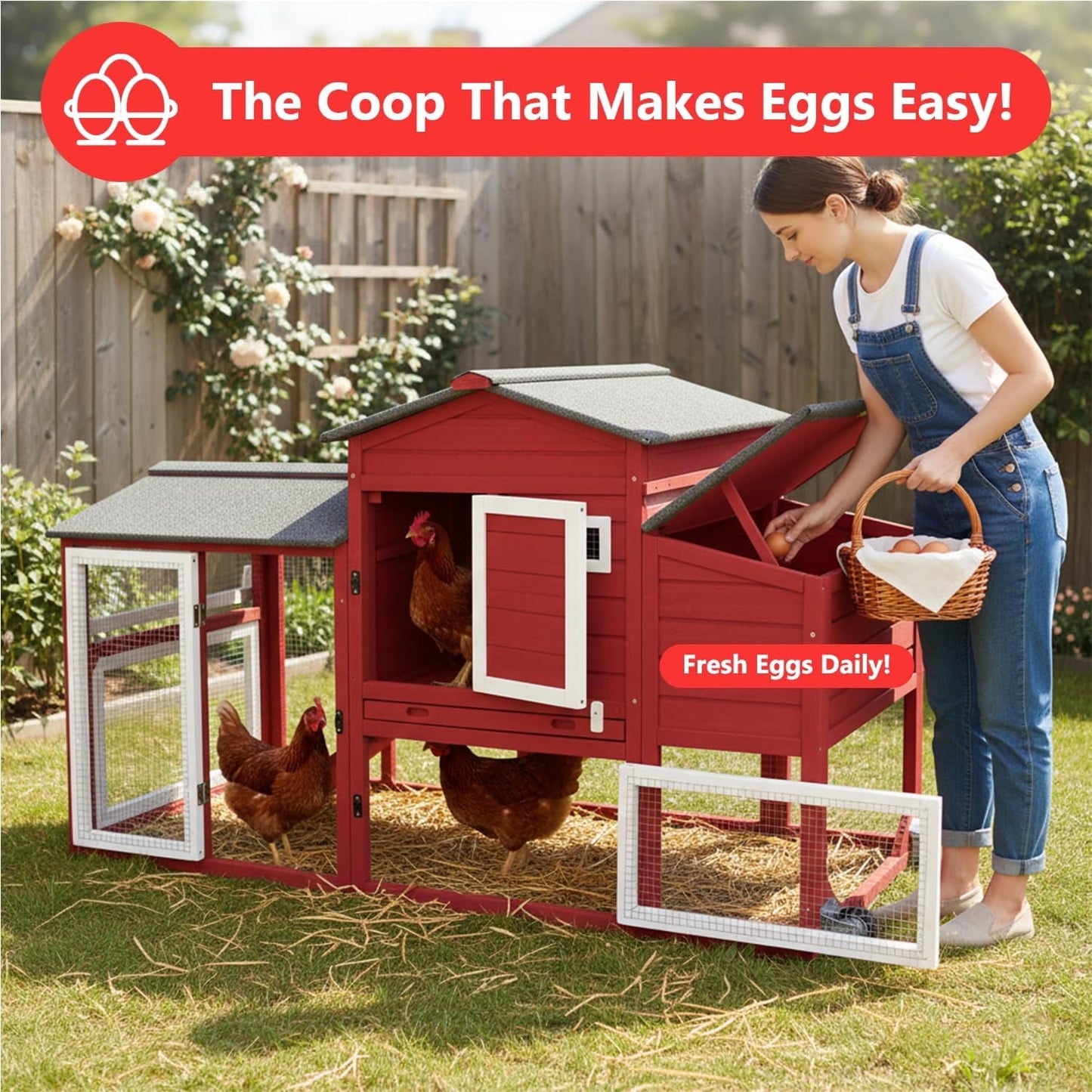 Petsblublu Chicken Coop with Nesting Box, Outdoor Poultry Cage for Backyard, Indoor Hen House with Removable Trays, Red