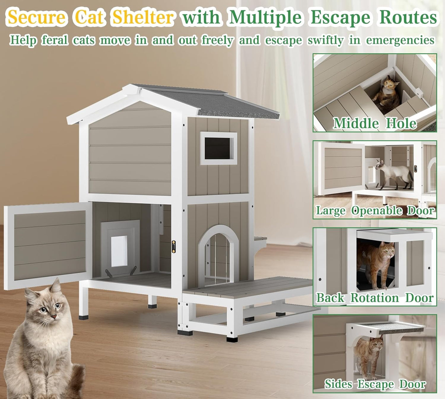 Petsblublu Outdoor Weatherproof Cat House Two Story Cats Shelter with Jumping Platforms