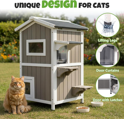 Petsblublu 2-Story Outdoor Cat House Weatherproof Wooden Feral Cat Shelter with Escape Door
