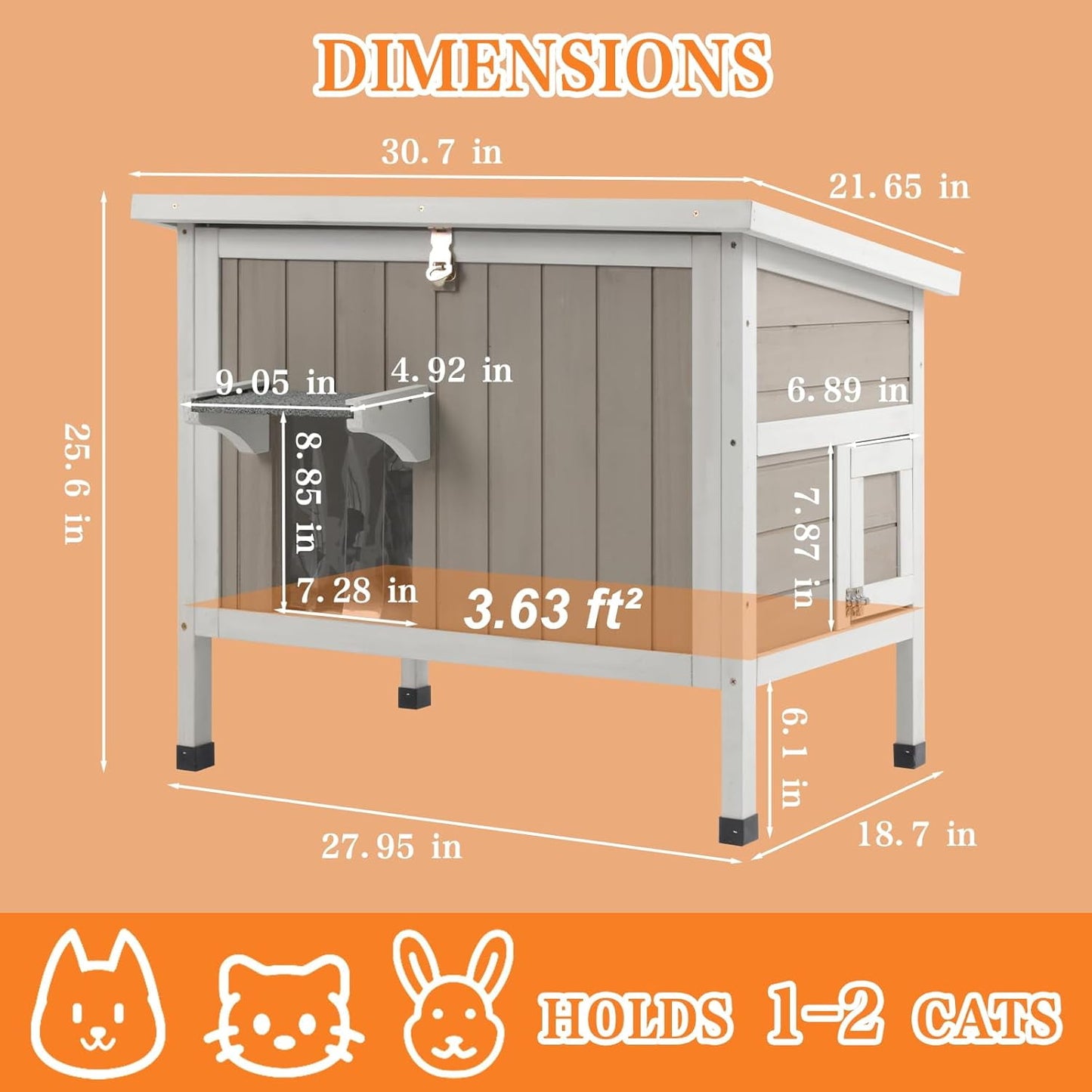 Petsblublu Insulated Outdoor Wooden Cat House Feral Cats Shelter for Winter, 30.7x21.6x25.6
