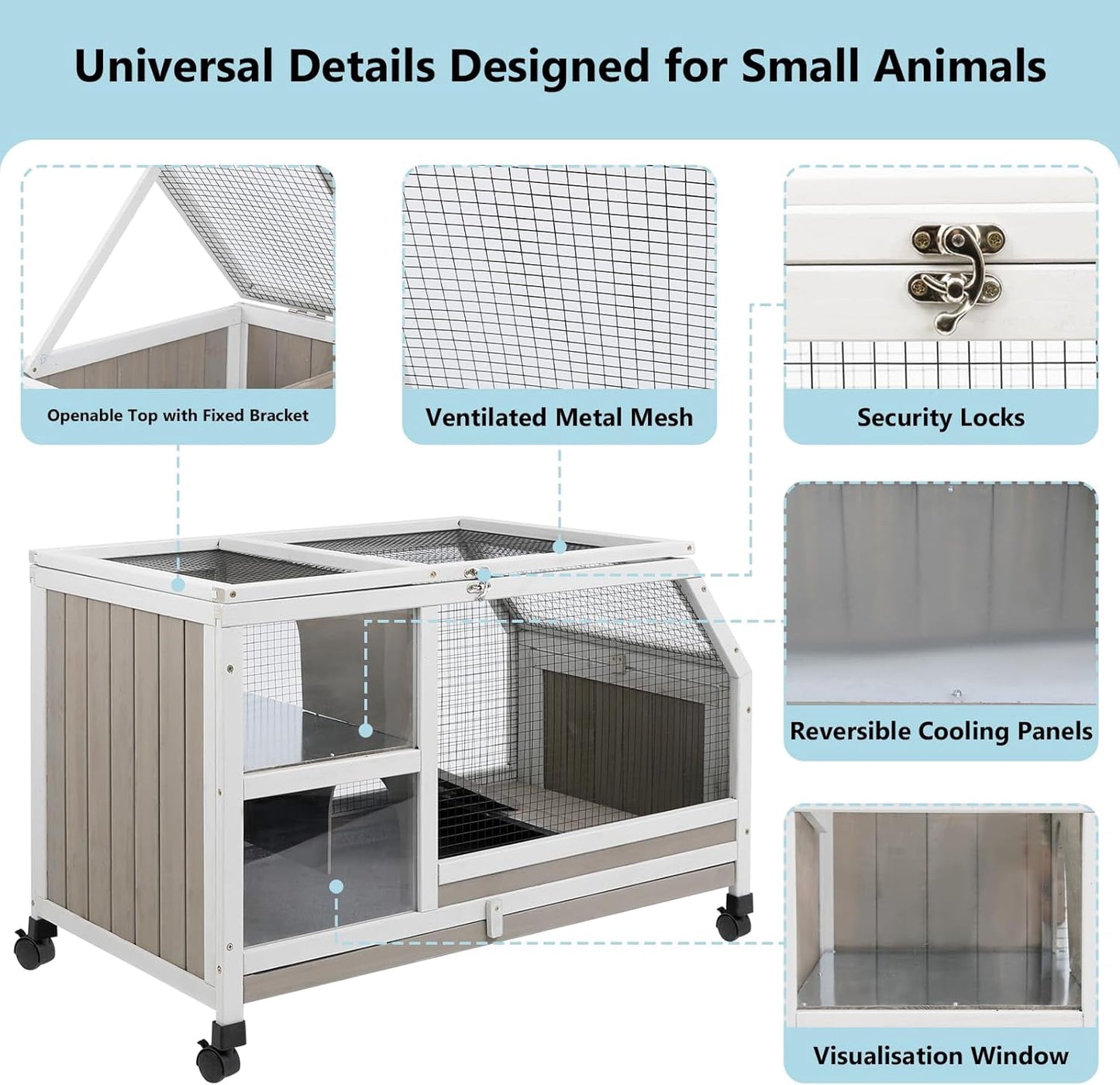 Petsblublu Outdoor Rabbit Hutch, Indoor Wooden Bunny Cage with Wheels