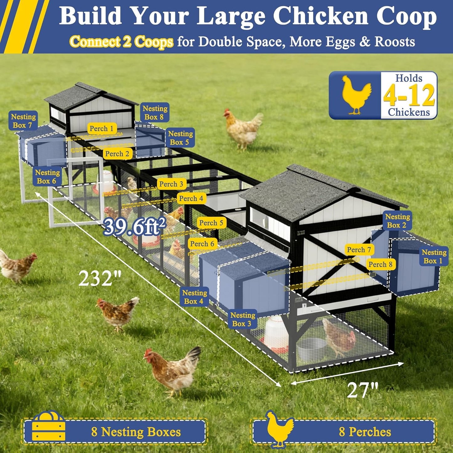 Petsblublu 116 Large Chicken Coop with Run, Wooden Hen House Outdoor Poultry Cage with Nesting Boxes