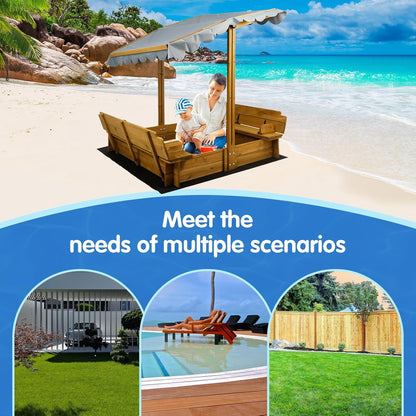 Petsblublu Wooden Kids Sandbox with Lid, Outdoor Sand Box with Canopy and Two Foldable Bench Seats