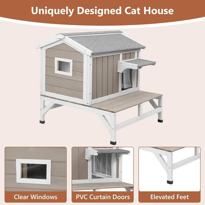 Petsblublu Insulated Outdoor Small Cat House Wooden Indoor Feral Cats Shelter for Winter with Balcony