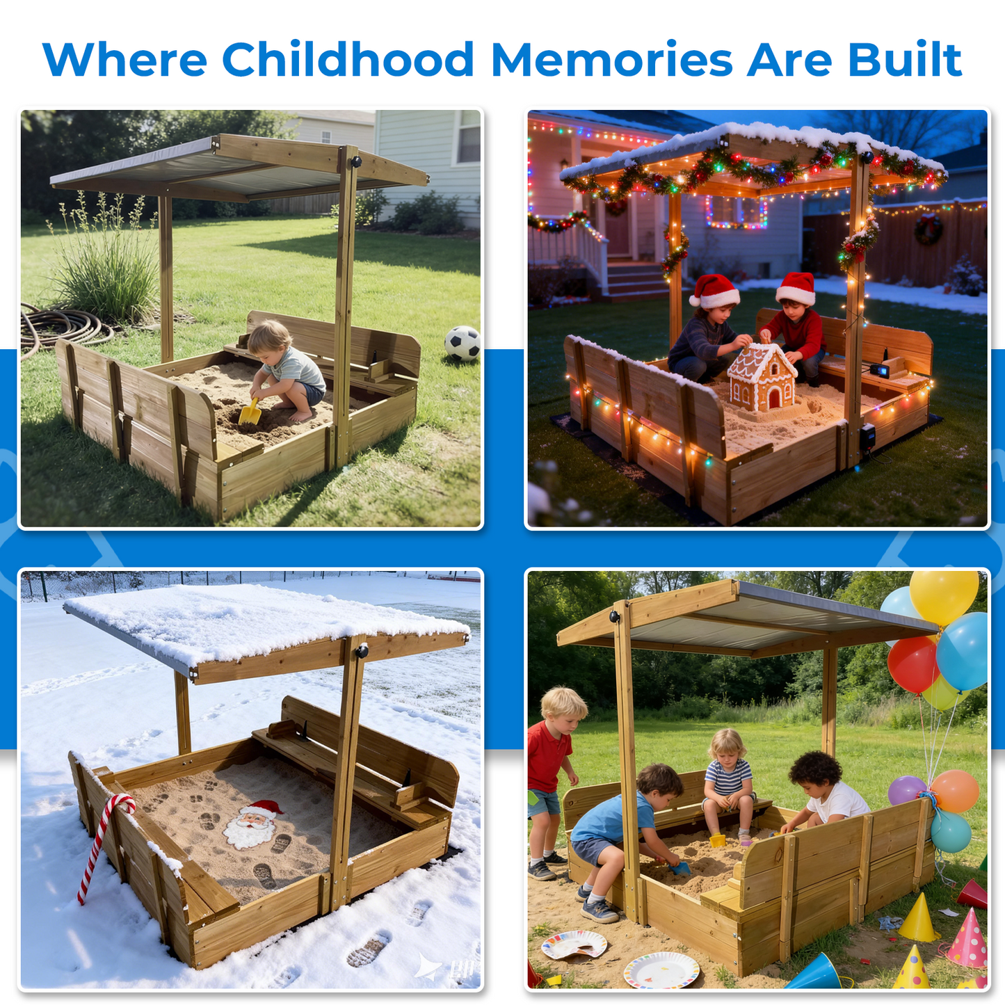 Sandbox with  UV-Resistant Canopy, Foldable Bench Seats and Liner for Kids, Solid Wood, 47x47in