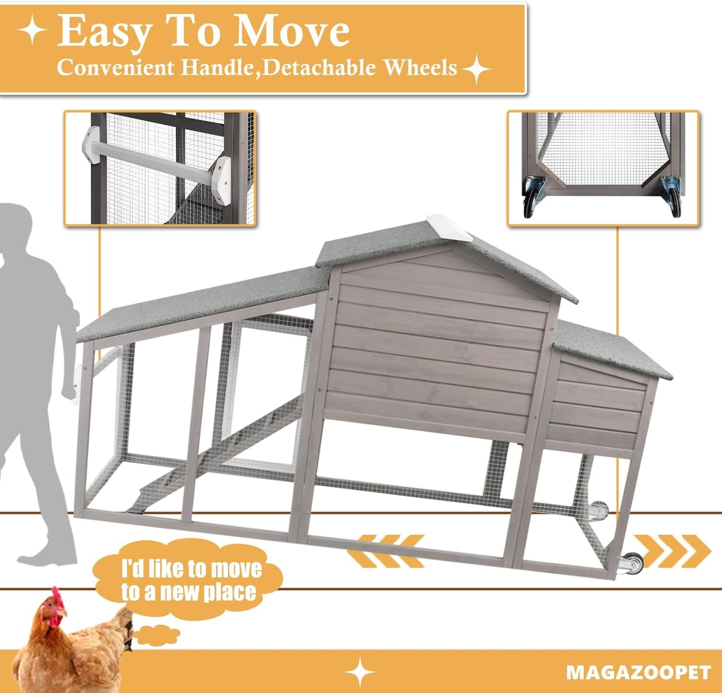 Petsblublu Outdoor Chicken Coop Large Wooden Tractor with Wheels Waterproof Hen House,Gray