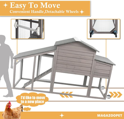Petsblublu Outdoor Chicken Coop Large Wooden Tractor with Wheels Waterproof Hen House,Gray