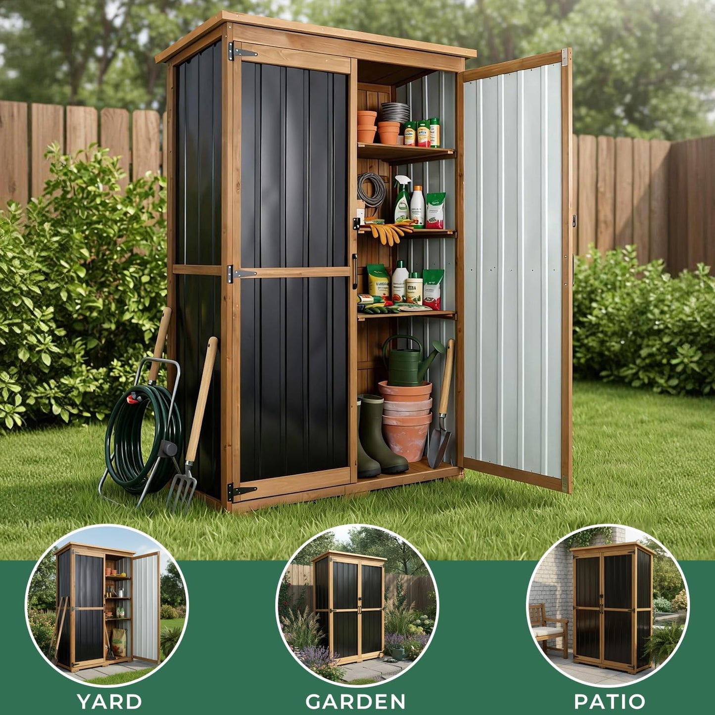 Petsblublu Outdoor Storage Shed with Adjustable Shelf, Wood & Metal Storage Cabinet Waterproof,Vertical Garden Shed for Patio Backyard