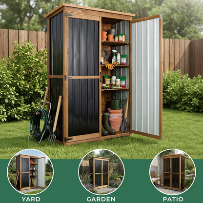 Petsblublu Outdoor Storage Shed with Adjustable Shelf, Wood & Metal Storage Cabinet Waterproof,Vertical Garden Shed for Patio Backyard