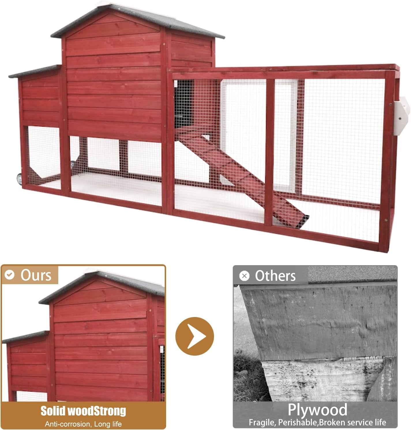 Petsblublu 79 L Chicken Coop with Run Outdoor Indoor Mobile Hen House with Nesting Boxes, Wheels, Red