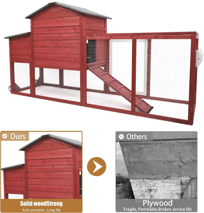 Petsblublu 79 L Chicken Coop with Run Outdoor Indoor Mobile Hen House with Nesting Boxes, Wheels, Red