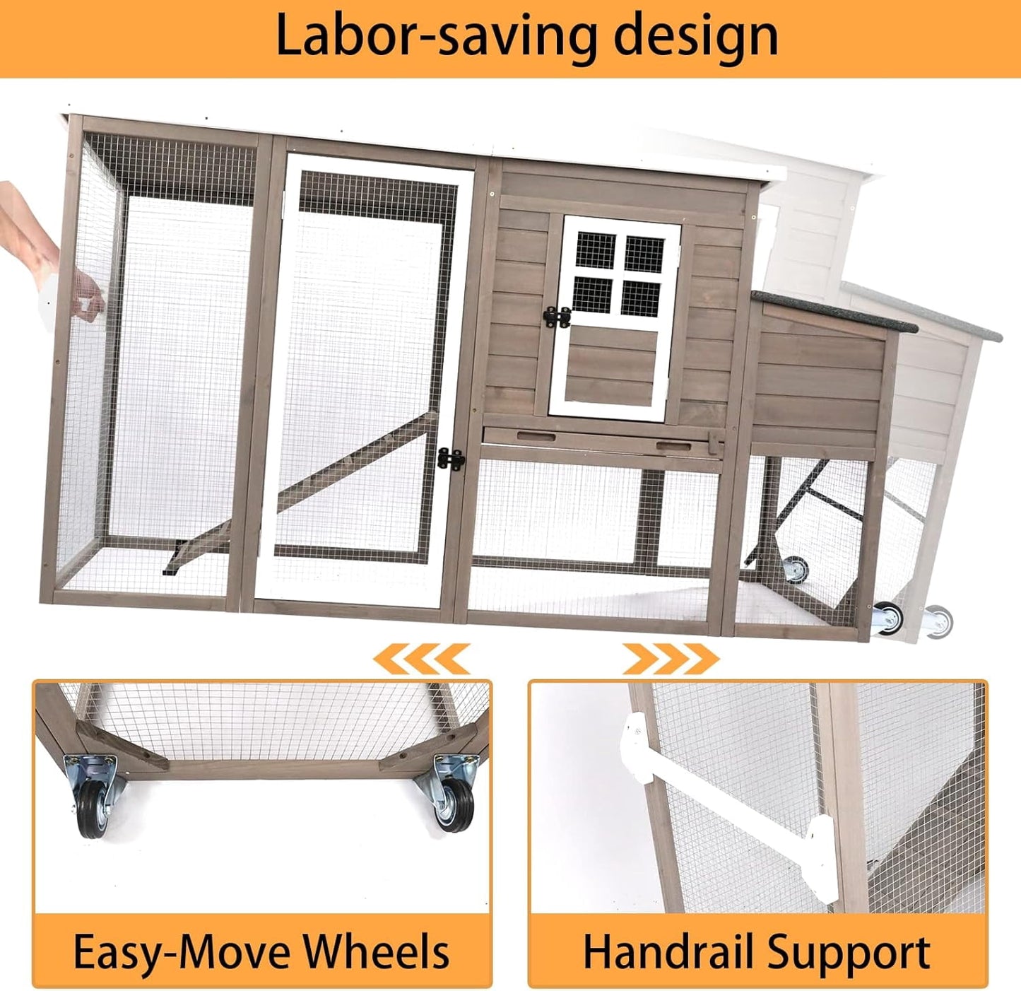 Petsblublu Outdoor Wooden Chicken Coop with Wheels Asphalt Roof Nest Boxes,Gray