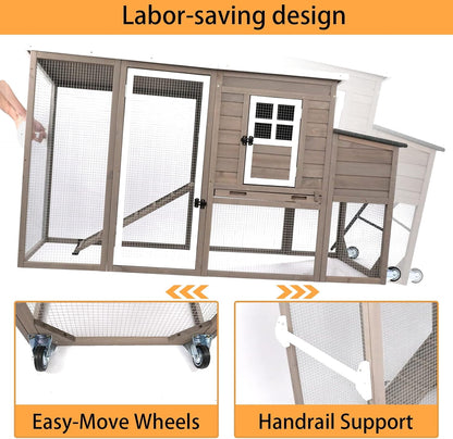 Petsblublu Outdoor Wooden Chicken Coop with Wheels Asphalt Roof Nest Boxes,Gray