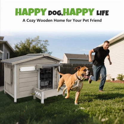 Petsblublu Large Wooden Outdoor Dog House with Porch，34 D x 22 W x 26.5 H