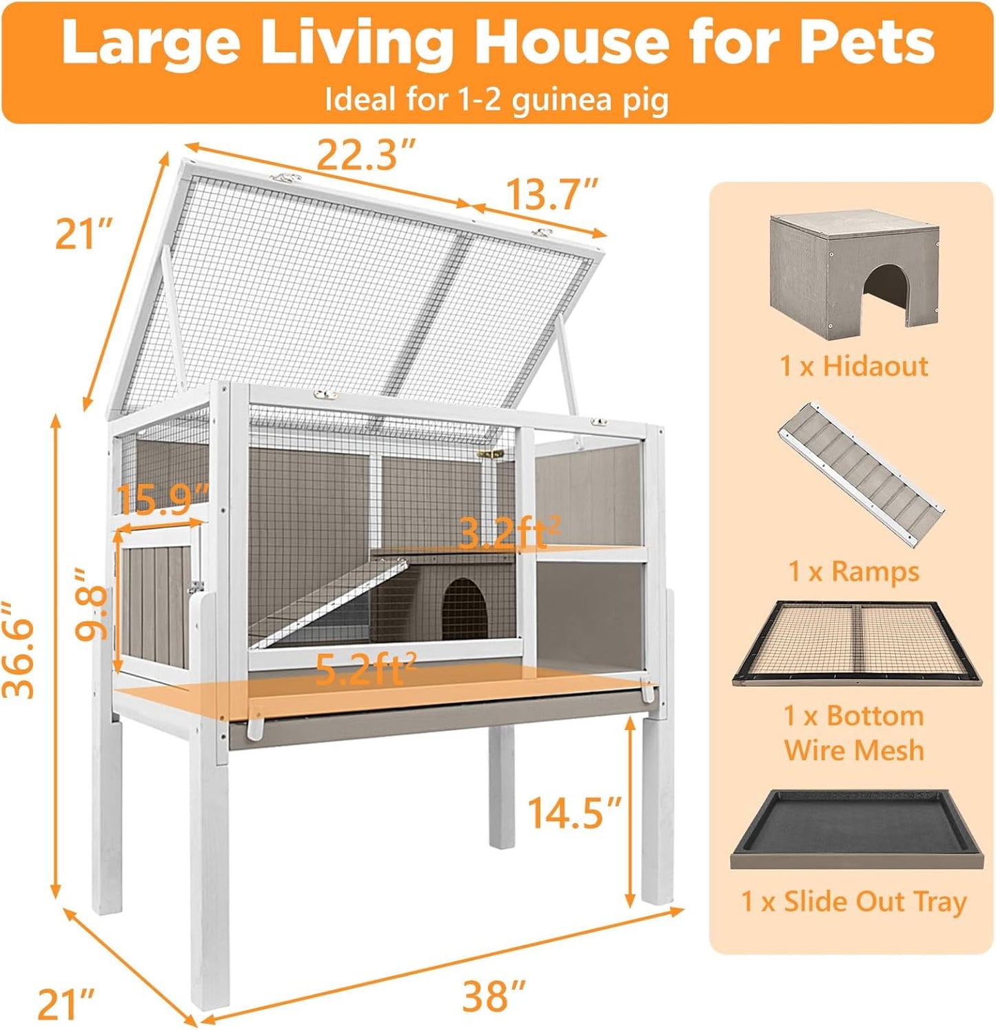 Petsblublu Wooden 2-Story Guinea Pig Cage with Pull-Out Tray and Legs, Gray