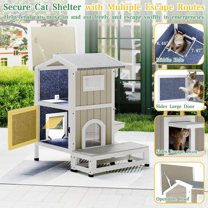 Petsblublu Insulated Outdoor Weatherproof Cat House Two Story Cats Shelter for Winter, with Jumping Platforms