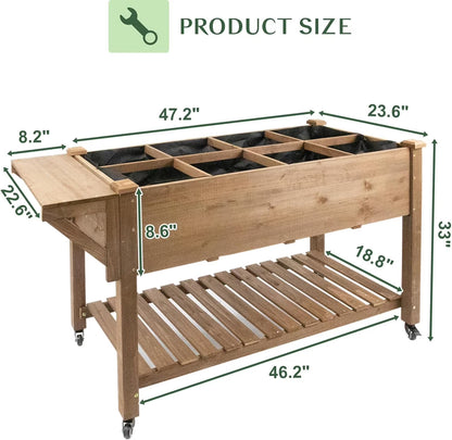 Petsblublu 55x24x32in Raised Garden Bed, Elevated Wood Planter w/ Wheels, Shelf, Liner - Brown