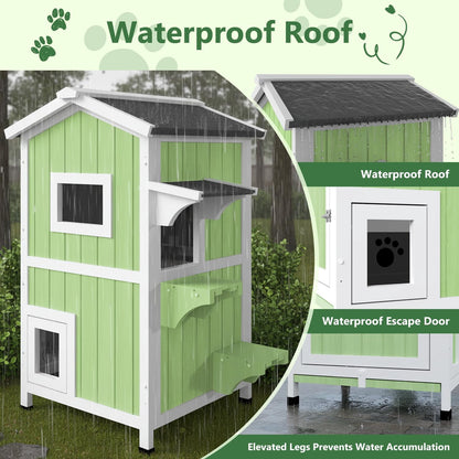 Petsblublu Outdoor Cat Shelter Weatherproof,Two Story Wooden Outside Feral Cat House with Openable Roof, Green