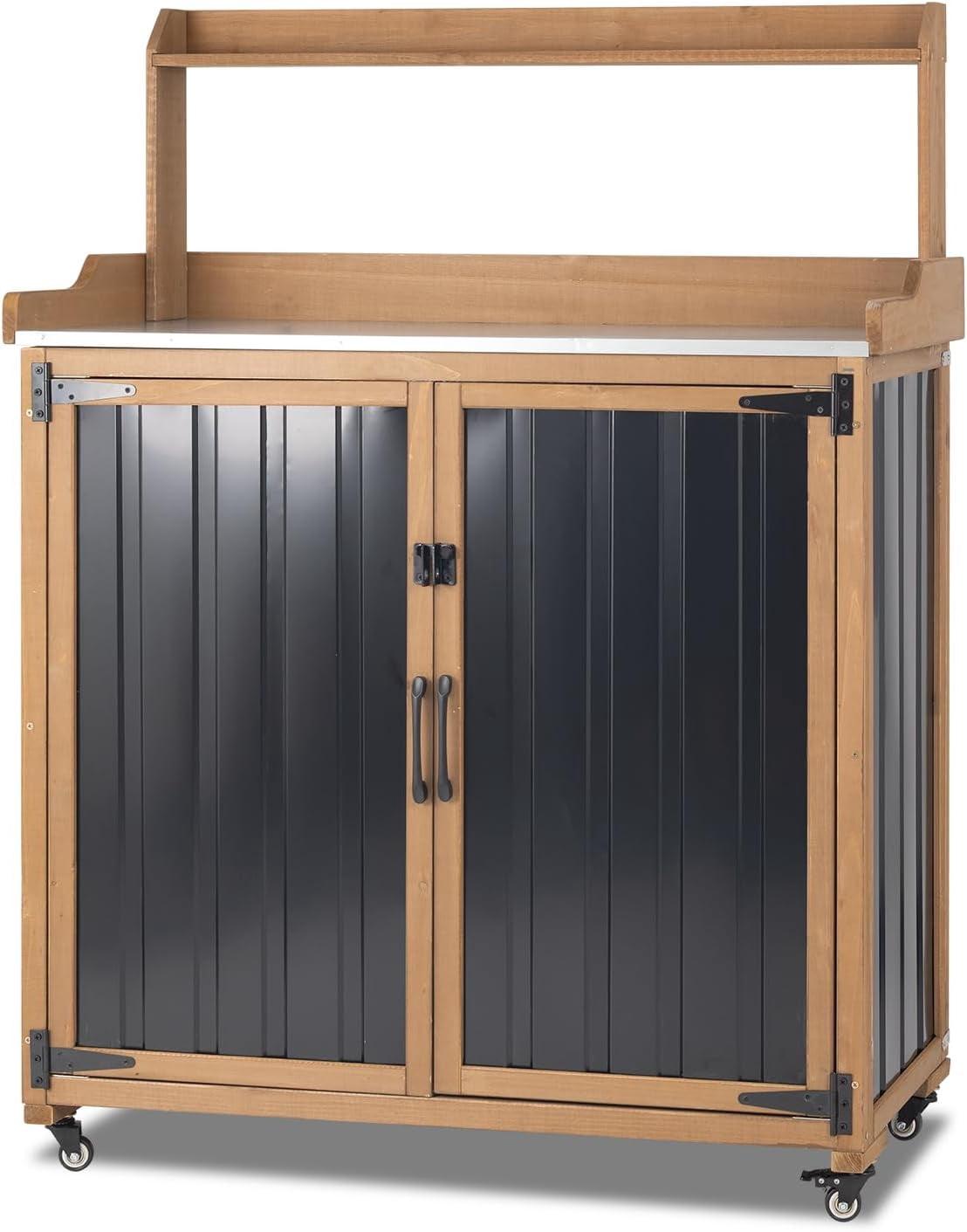 Petsblublu Outdoor Potting Bench Storage Cabinet, Garden Table with Metal Top&Shelf for Backyard