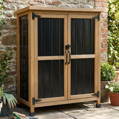 Petsblublu Small Outdoor Storage Cabinet Waterproof, Wood & Metal Garden Storage Shed, with Lockable Doors & Adjustable Shelves，Brown