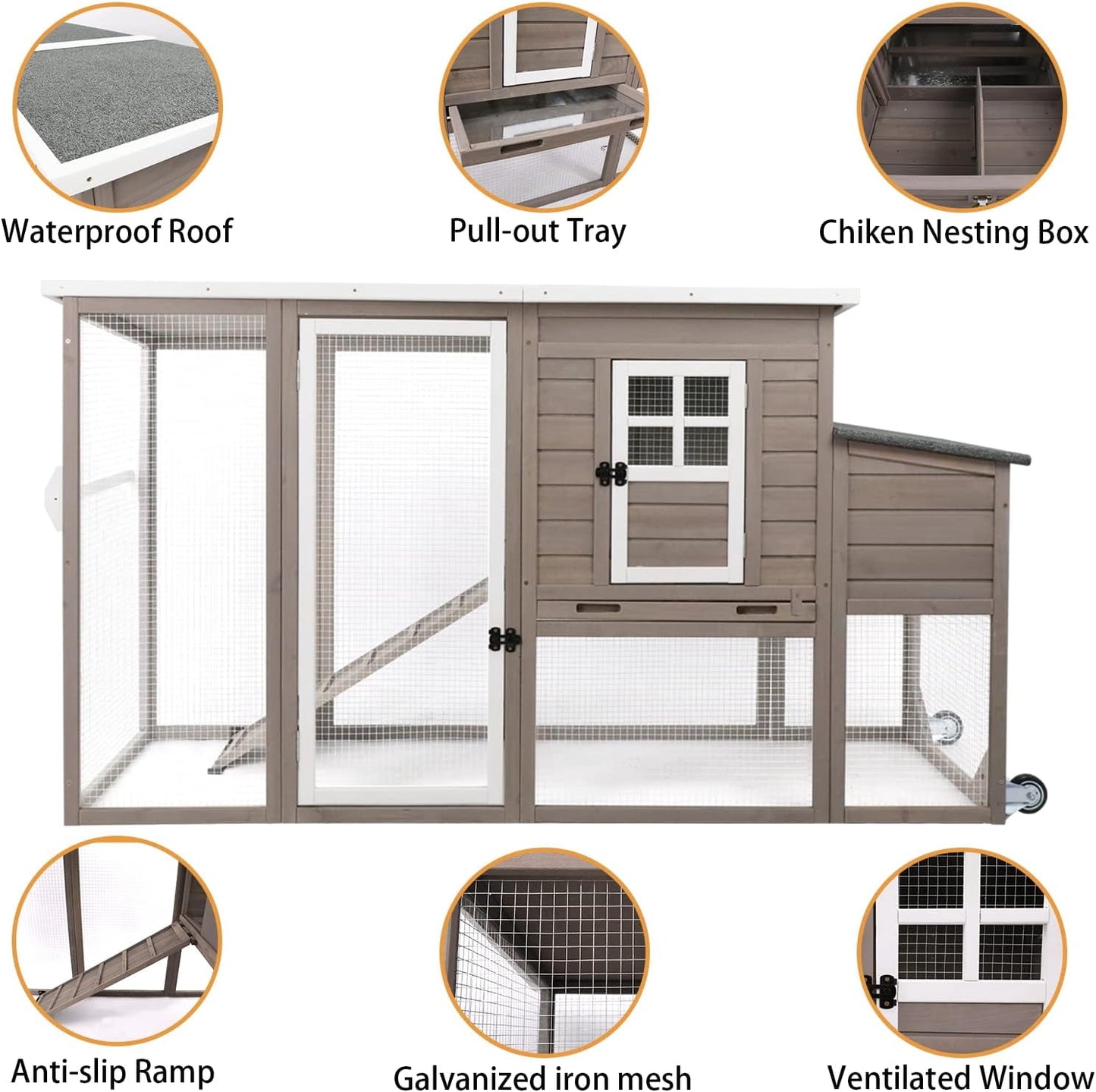 Petsblublu Outdoor Wooden Chicken Coop with Wheels Asphalt Roof Nest Boxes,Gray