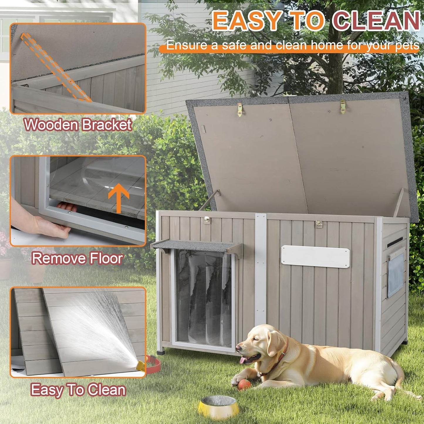 Petsblublu 50 L Large Wooden Outdoor Dog House Weatherproof Dog Kennel with Anti-Chewing Iron Frame