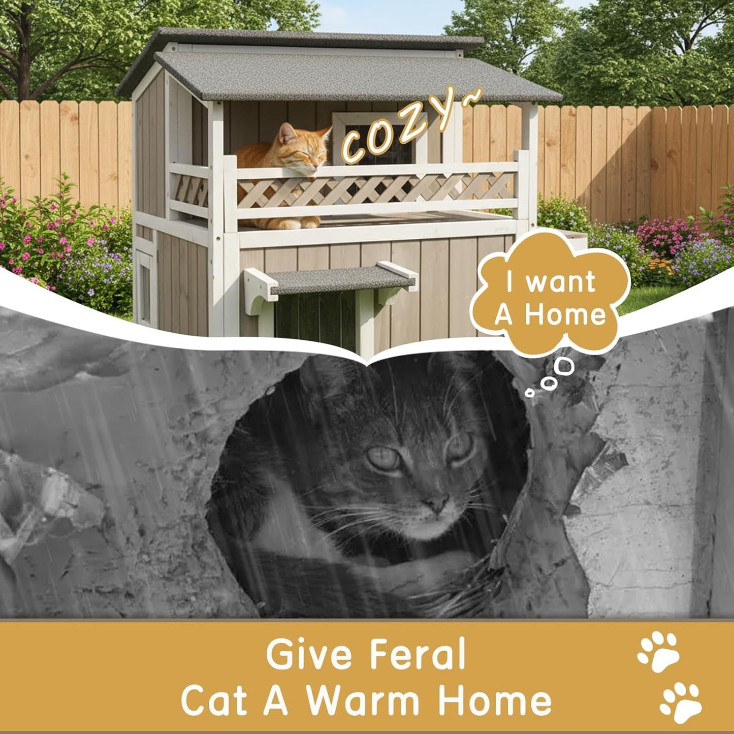 Petsblublu Outdoor Cat House 2 Story Wooden Cat Feral with Balcony Waterproof, Escape Doors