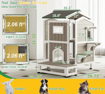 Petsblublu Outdoor Weatherproof Cat House Two Story Cats Shelter with Jumping Platforms
