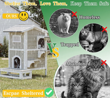 Petsblublu Outdoor Weatherproof Cat House Two Story Cats Shelter with Jumping Platforms