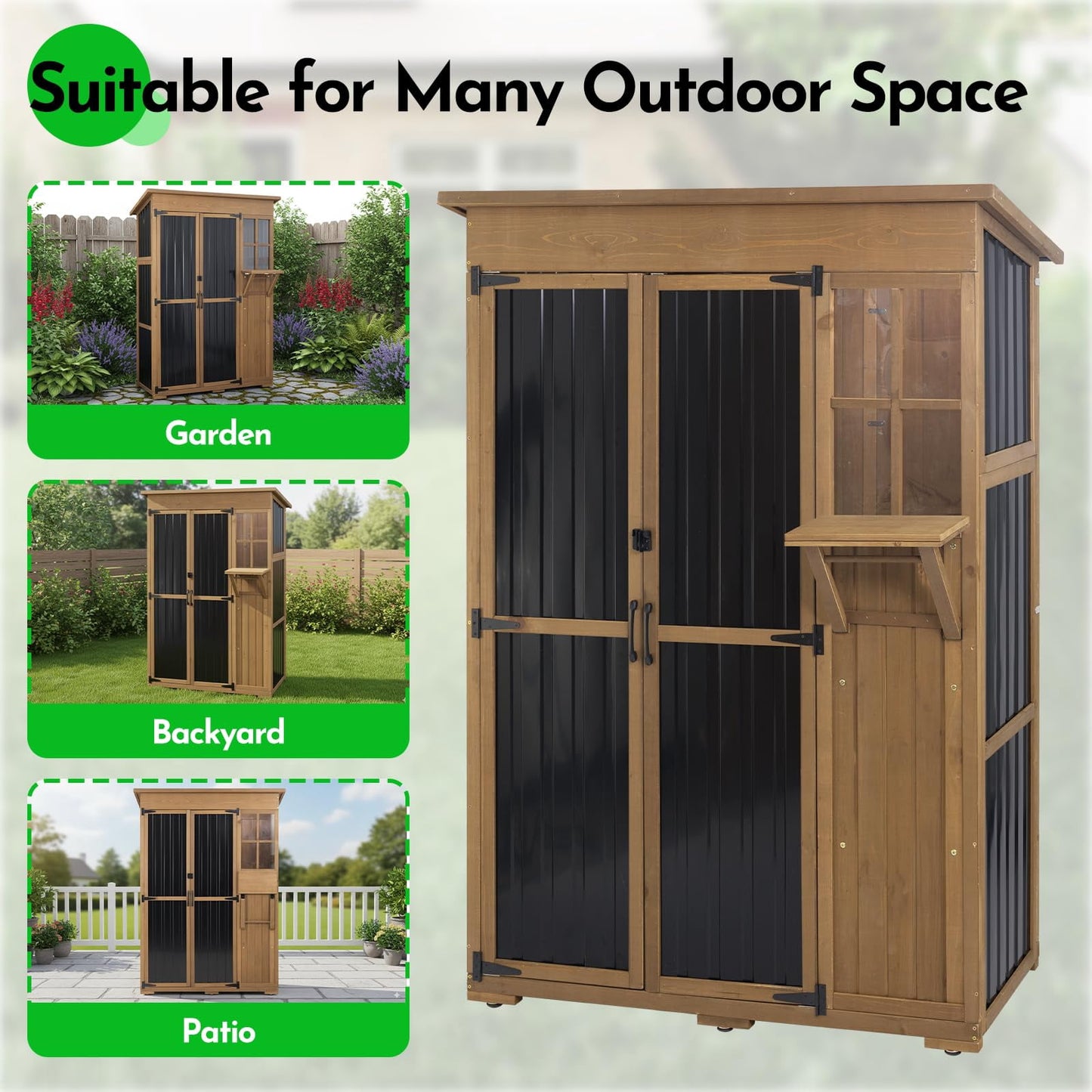 Petsblublu Large Storage Shed, Wood & Metal Outdoor Storage Cabinet for Patio Backyard, Garden Garage Tool Shed, Brown