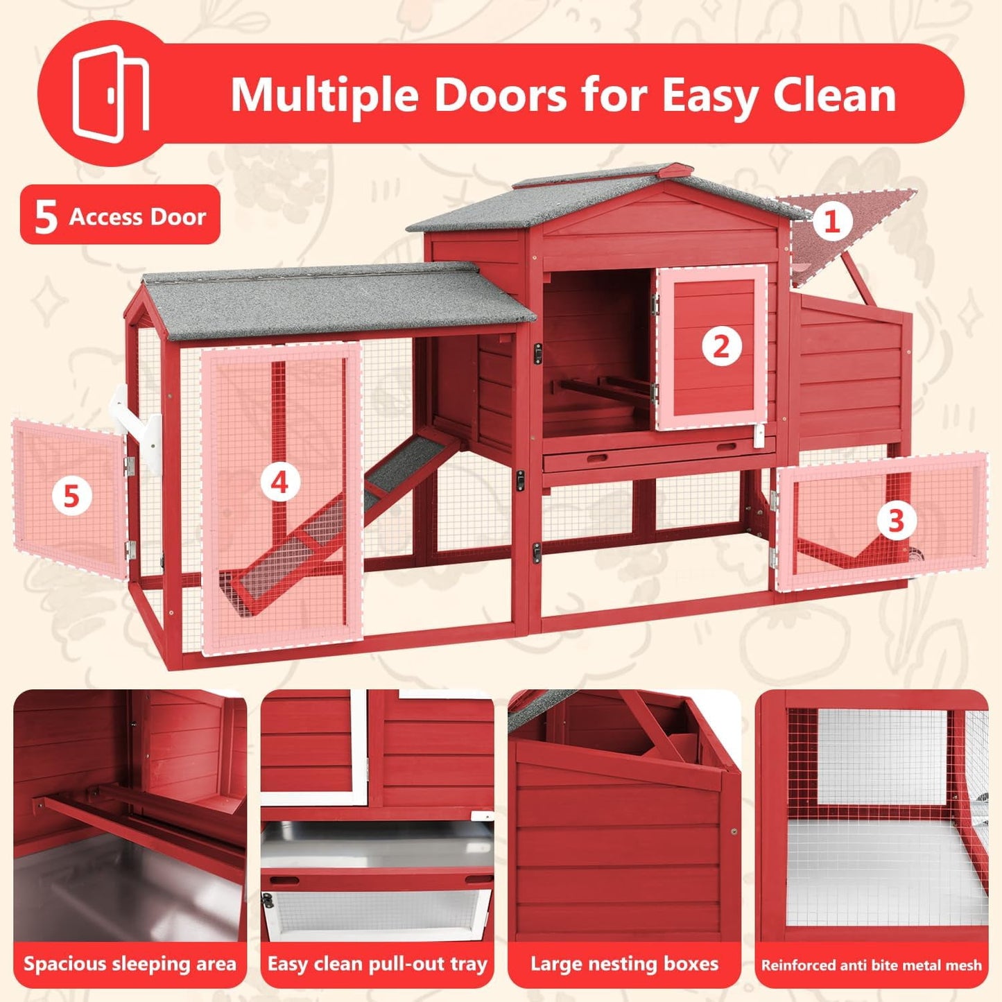Petsblublu Chicken Coop with Nesting Box, Outdoor Poultry Cage for Backyard, Indoor Hen House with Removable Trays, Red