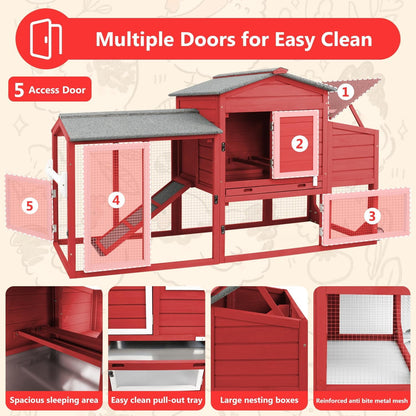 Petsblublu Chicken Coop with Nesting Box, Outdoor Poultry Cage for Backyard, Indoor Hen House with Removable Trays, Red