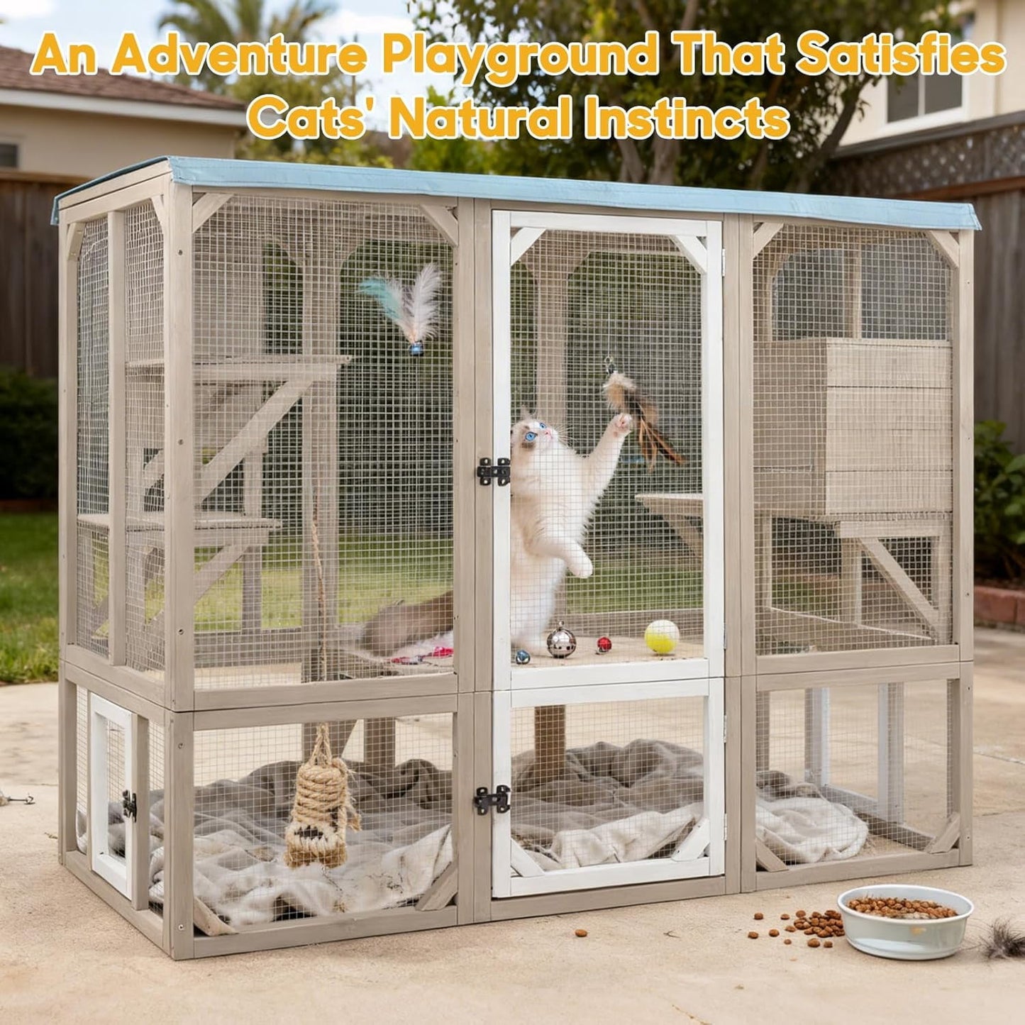 Petsblublu Large Catio Outdoor Cat Enclosure, Wooden Cat House with Removable Weatherproof Cover, 4 Platforms