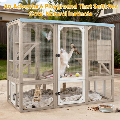 Petsblublu Large Catio Outdoor Cat Enclosure, Wooden Cat House with Removable Weatherproof Cover, 4 Platforms