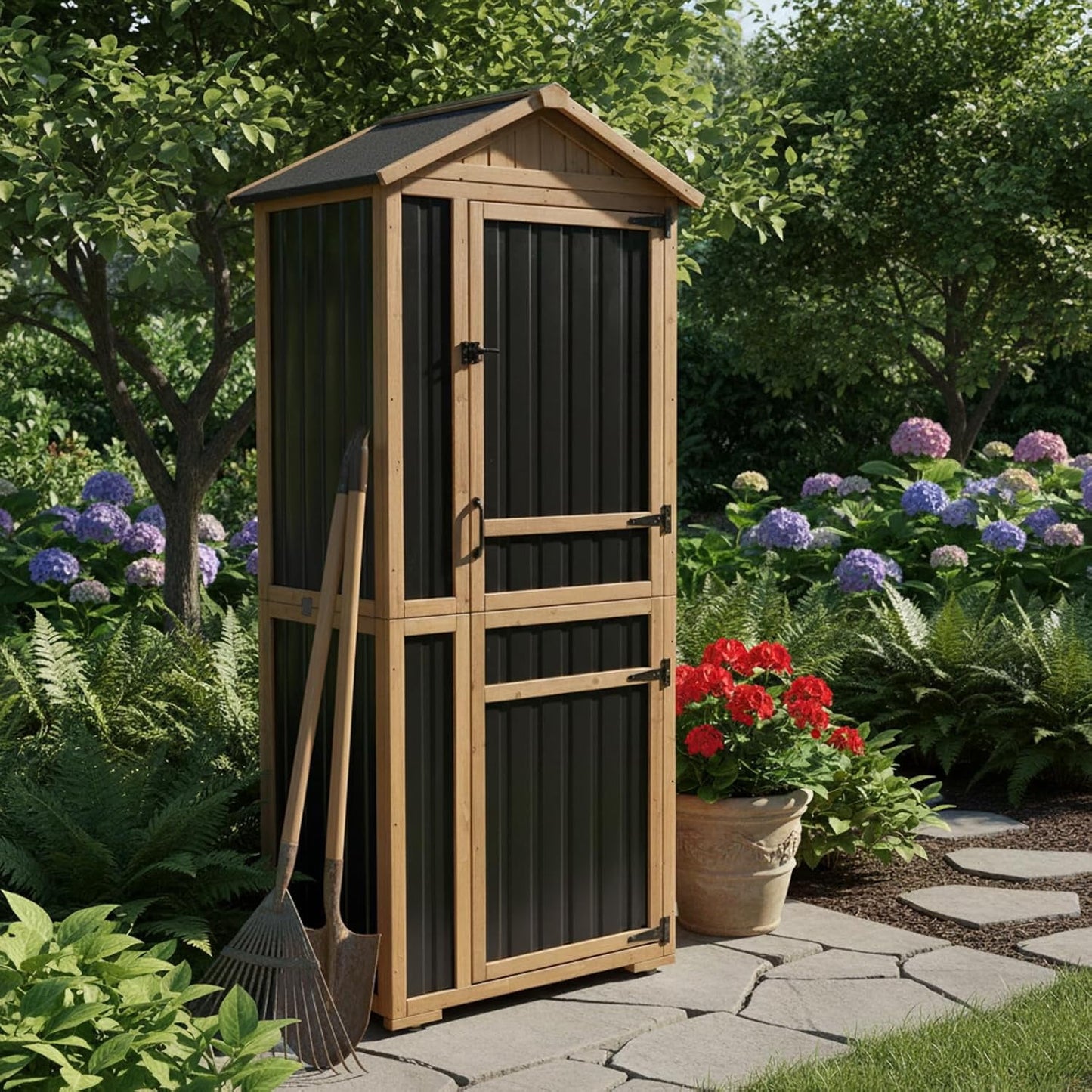 Petsblublu Large Outdoor Storage Cabinet with 4 Shelves, Wood Outdoor Storage Shed with Weatherproof Roof