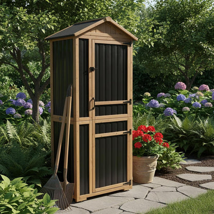 Petsblublu Large Outdoor Storage Cabinet with 4 Shelves, Wood Outdoor Storage Shed with Weatherproof Roof