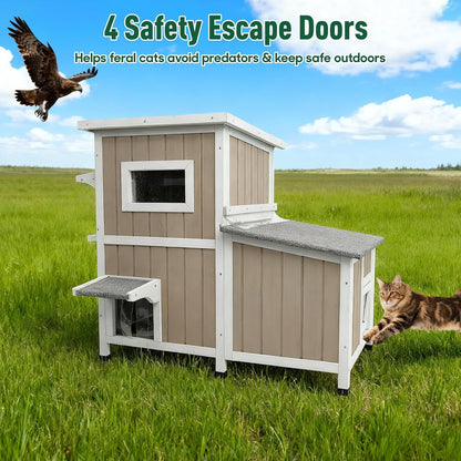 Petsblublu 2-Story Large Cat House Outdoor Feral Cat Shelter with 3 Escape Doors
