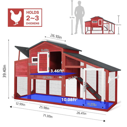 Petsblublu Outdoor Chicken Coop Large Wooden Tractor with Wheels Waterproof Hen House, RED