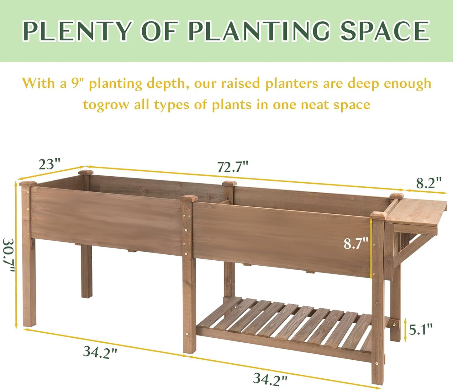 Petsblublu 80x23x30in Raised Garden Bed, Elevated Wood Planter w/ Extra table, Shelf, Liner - Brown