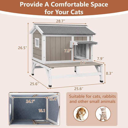 Petsblublu Insulated Outdoor Small Cat House Wooden Indoor Feral Cats Shelter for Winter with Balcony