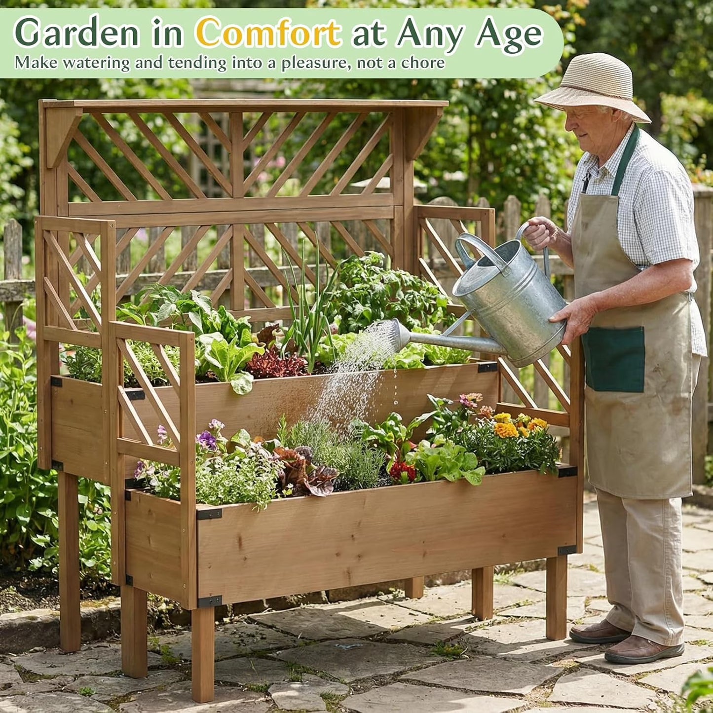 Petsblublu Raised Garden Bed Outdoor with Lattice Trellis, Flower Plant Stand with Two Planting Areas