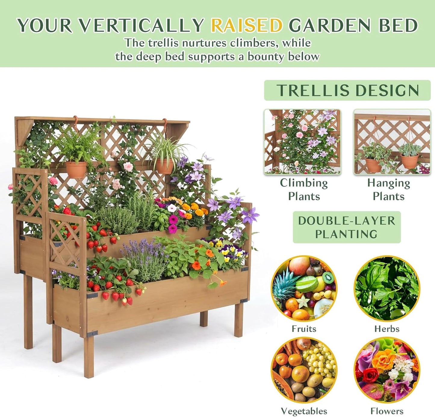 Petsblublu Raised Garden Bed with Trellis, Elevated Flower Plant Stand for Gardening
