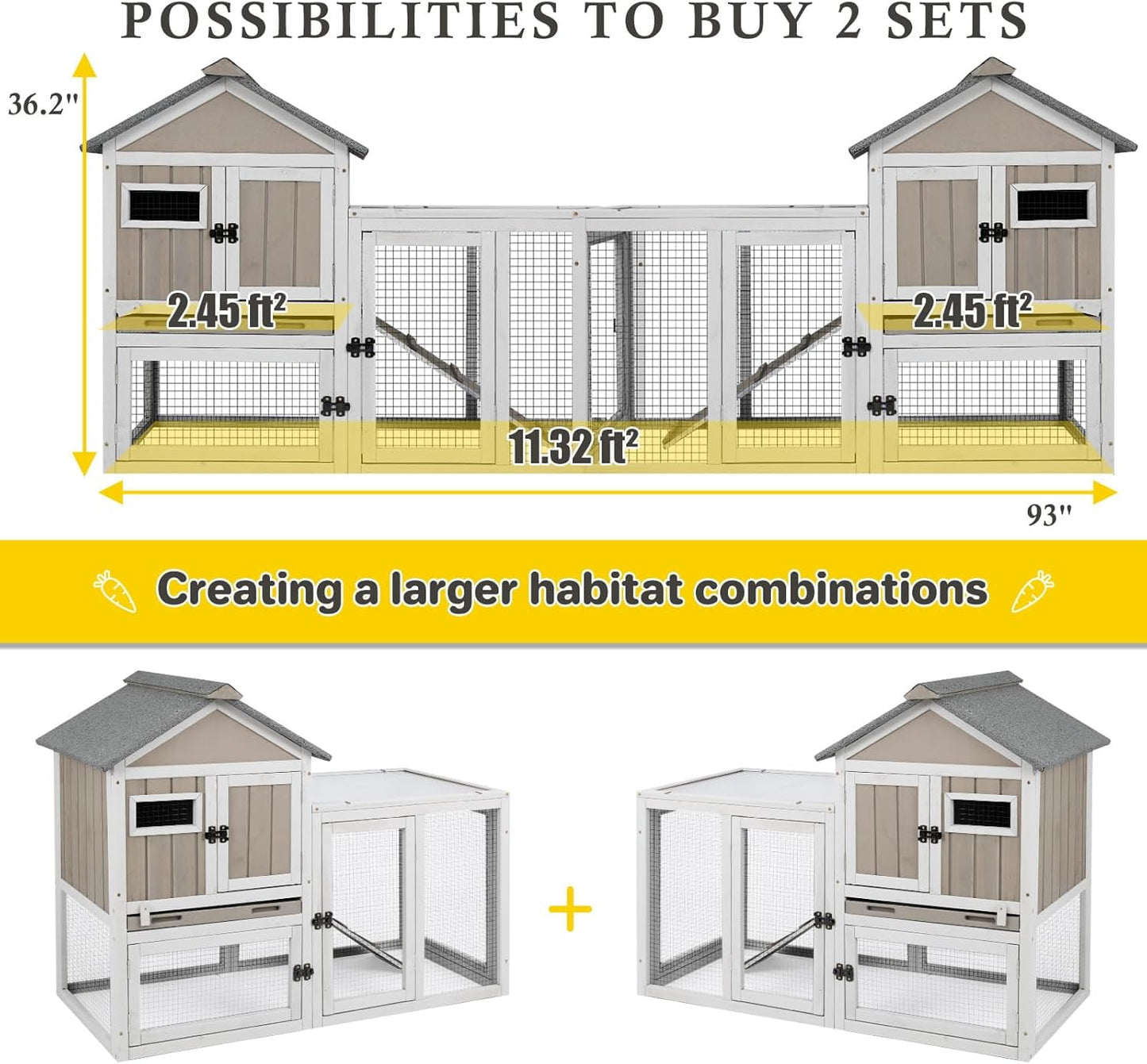 Petsblublu 47''L Rabbit Hutch Outdoor Wooden Indoor 2 Story Bunny House with Waterproof Roof