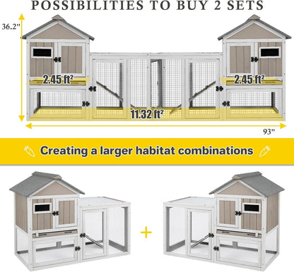 Petsblublu 47''L Rabbit Hutch Outdoor Wooden Indoor 2 Story Bunny House with Waterproof Roof