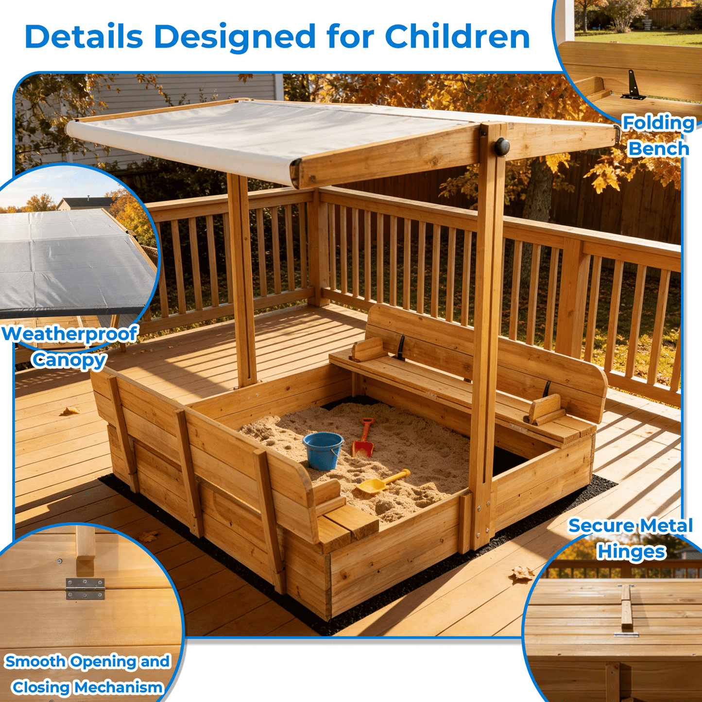 Sandbox with  UV-Resistant Canopy, Foldable Bench Seats and Liner for Kids, Solid Wood, 47x47in