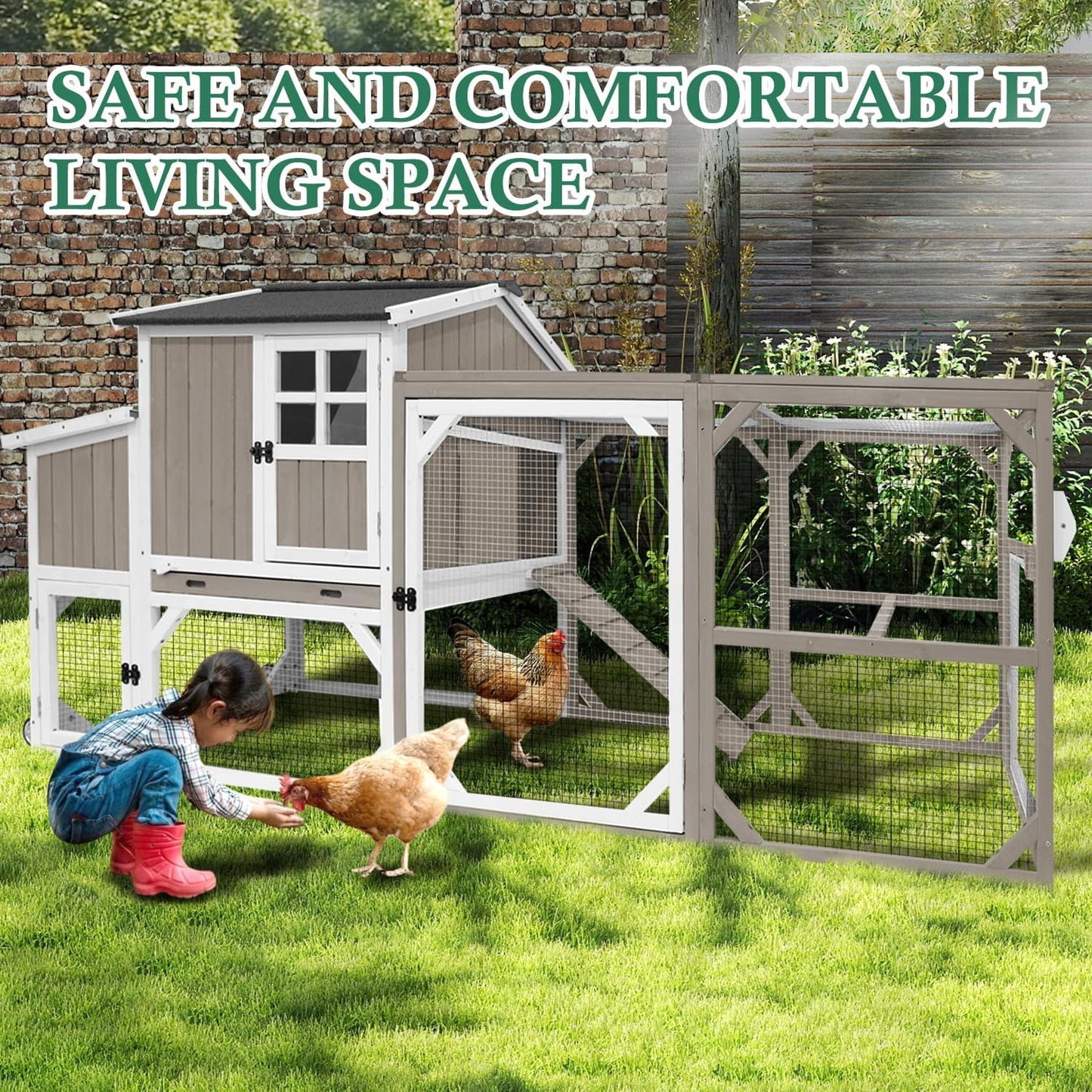 Petsblublu 95.3 L Outdoor Large Chicken Coop with Run, Chicken Tractor Hen House with 3 Nesting Boxes, Gray