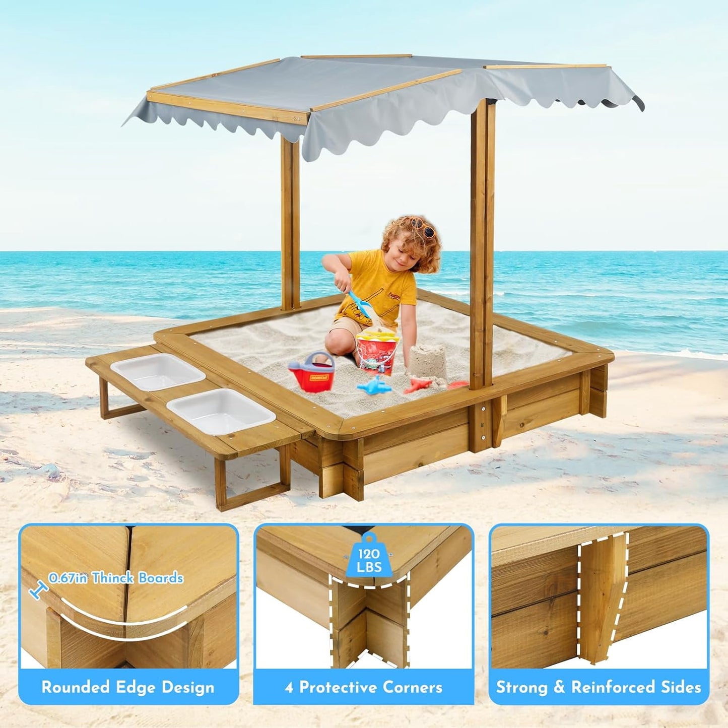 Petsblublu Outdoor Wooden Sandbox with Adjustable Canopy&Two Toy Basins for Beach