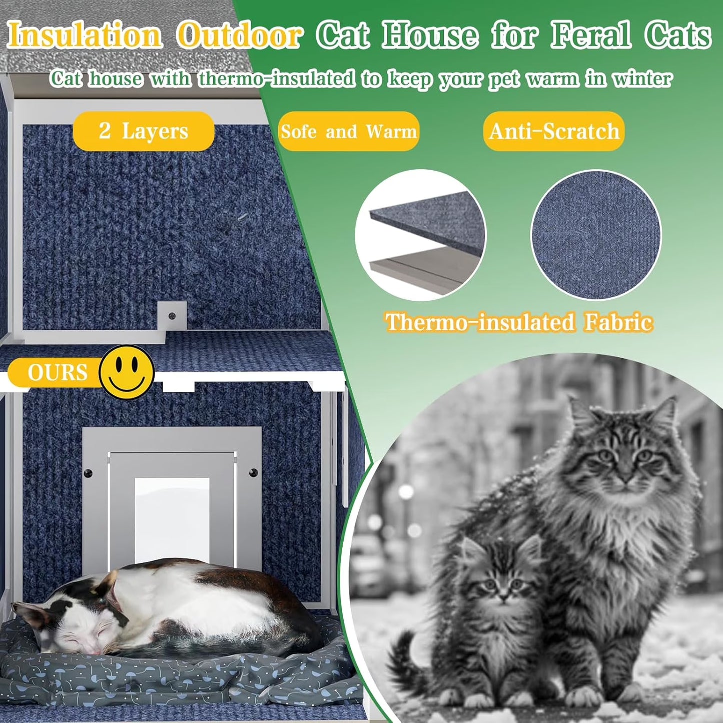 Petsblublu Insulated Outdoor Weatherproof Cat House Two Story Cats Shelter for Winter, with Jumping Platforms